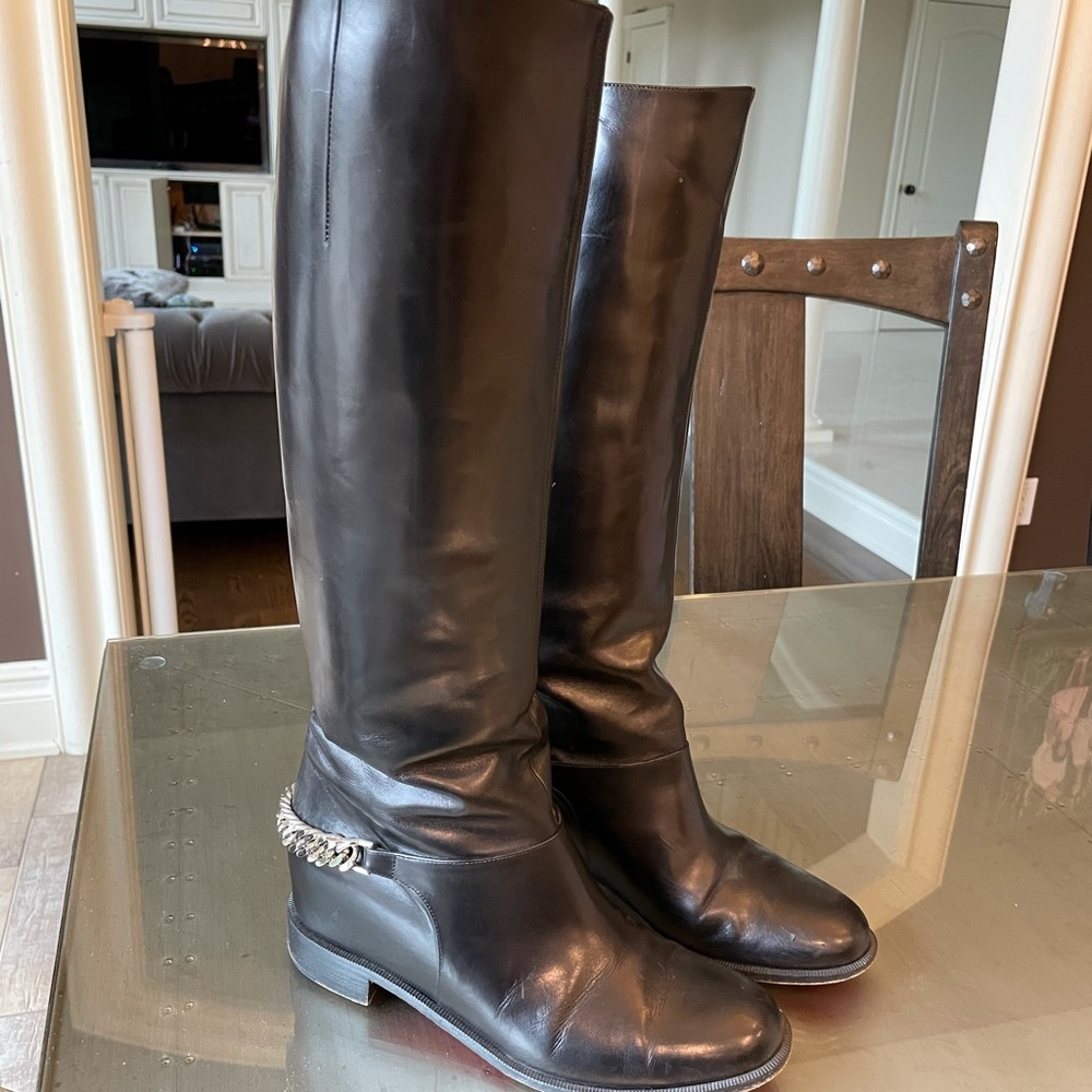 Christian louboutin riding boot hidden platform black silver chain size 38.5